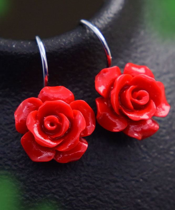 Fashion Red Sterling Silver Cinnabar Beeswax Rose Drop Earrings