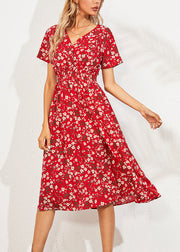 Fashion Red V Nec Print Long Dress Summer