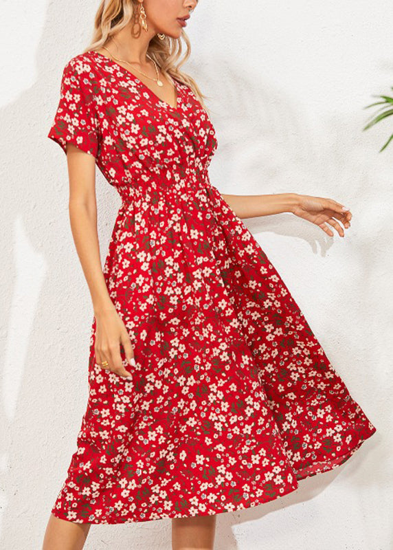 Fashion Red V Nec Print Long Dress Summer