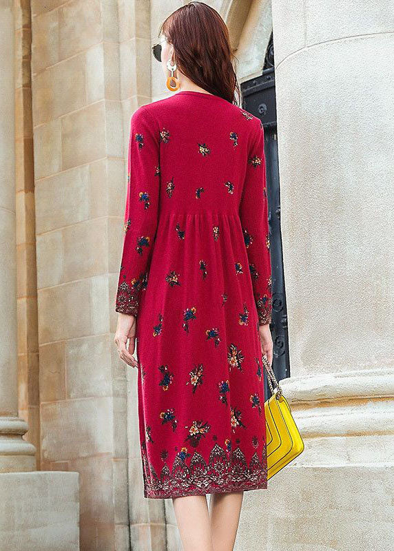 Fashion Red V Neck Print Knit Long Dresses Spring