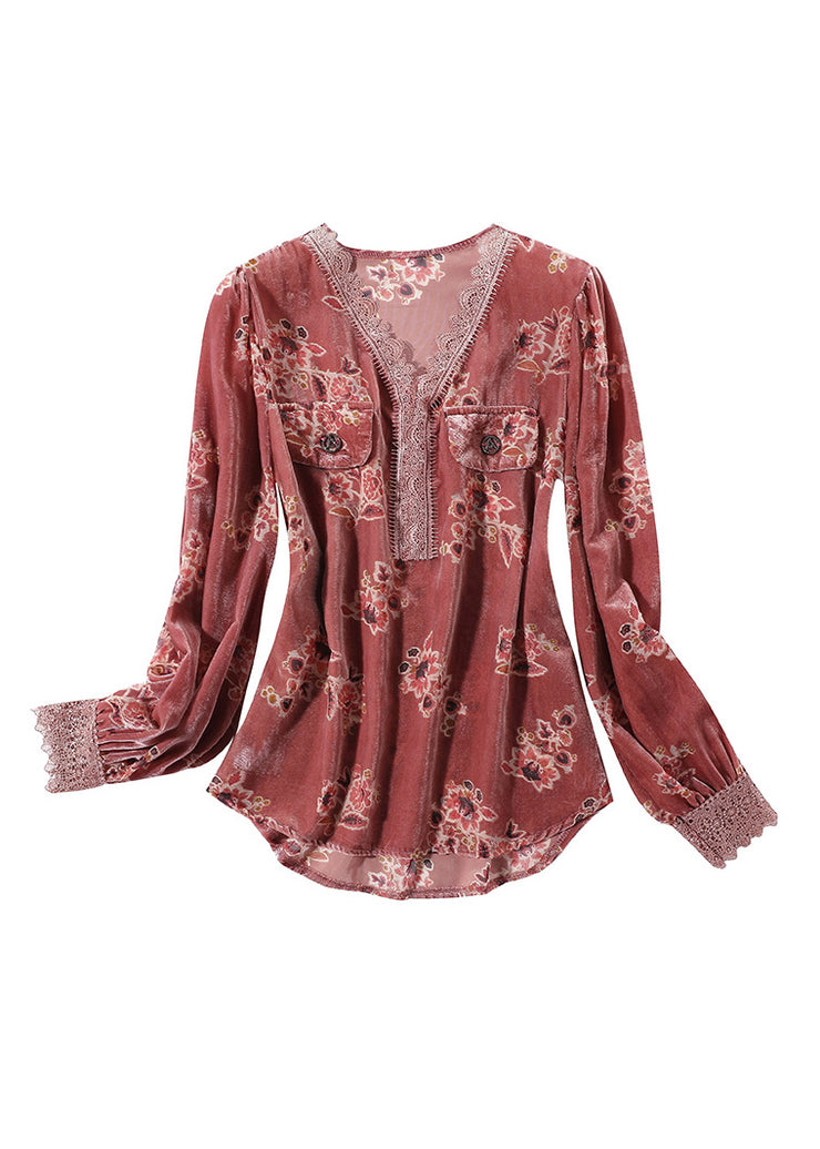 Fashion Red V Neck Print Lace Patchwork Silk Velour Top Spring