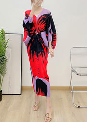 Fashion Red V Neck Print Wrinkled Vestidos Dress Long Sleeve