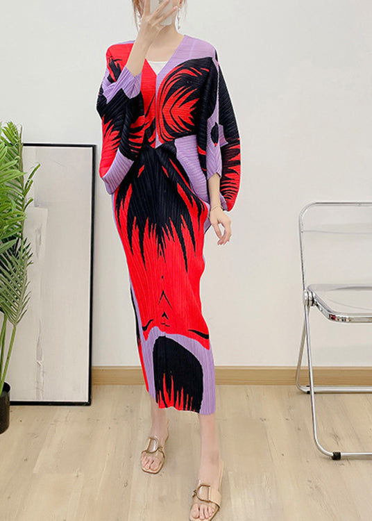 Fashion Red V Neck Print zerknittertes Vestidos Kleid mit langen Ärmeln