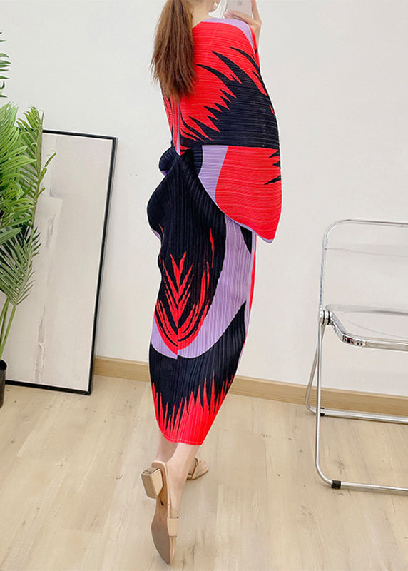Fashion Red V Neck Print zerknittertes Vestidos Kleid mit langen Ärmeln