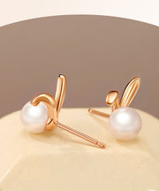 Fashion Rose Gold Rabbit Metal Pearl Stud Earrings