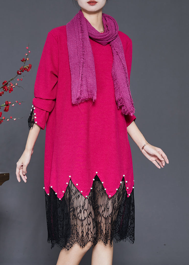 Fashion Rose Lace Patchwork Nail Bead Knit Dresses Spring