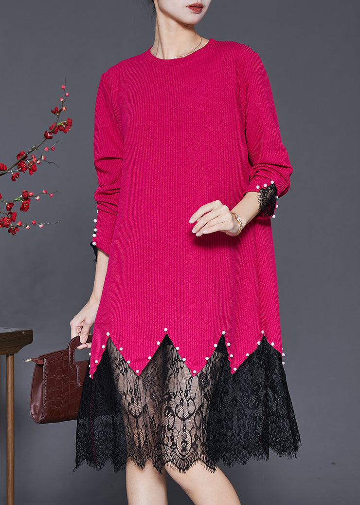 Fashion Rose Lace Patchwork Nail Bead Knit Dresses Spring