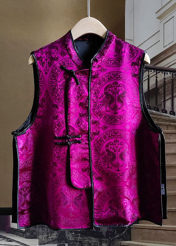 Fashion Rose Patchwork Jacquard Side Open Silk Vest Sleeveless