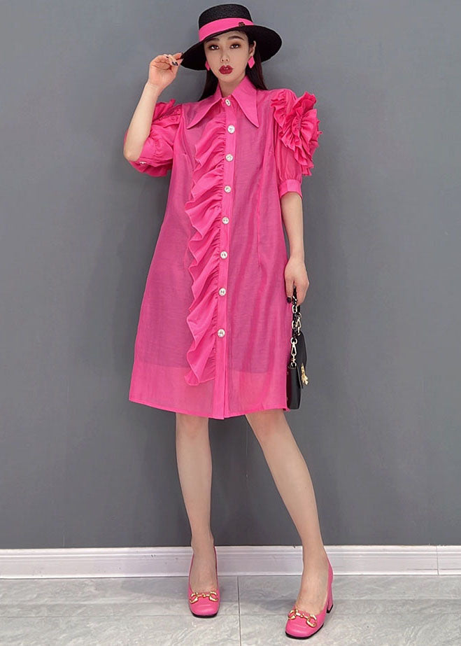 Fashion Rose Peter Pan Collar Patchwork Ruffles Silk Maxi Dresses Short Sleeve