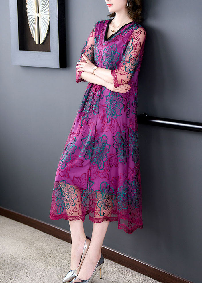 Fashion Rose V Neck Embroidered Patchwork Silk Dresses Summer
