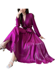 Fashion Rose V Neck Tie Waist Silk Long Dress Spring