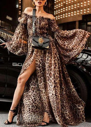 Fashion Slash Neck Backless Ruffled Leopard Print Side Open Long Dresses Flare Sleeve