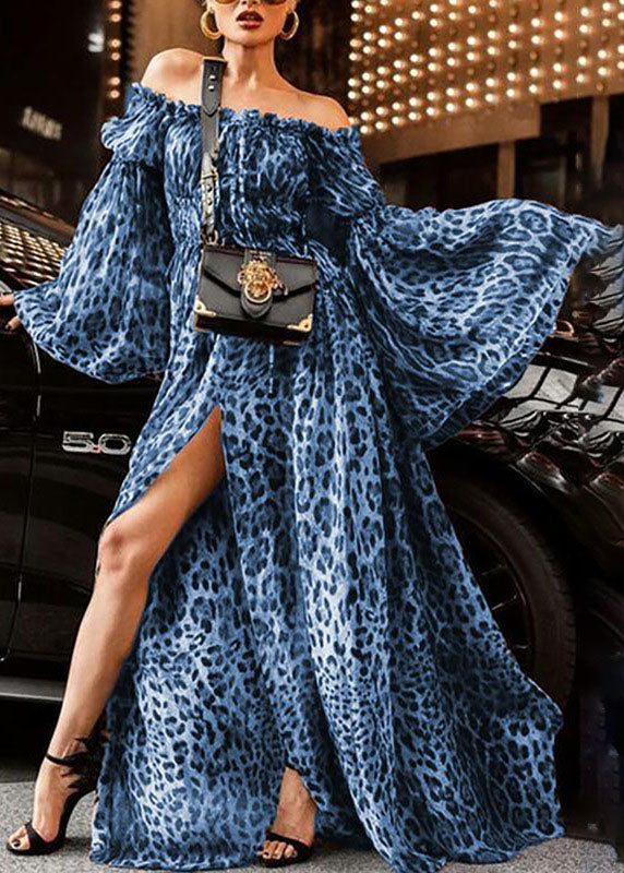 Fashion Slash Neck Backless Ruffled Leopard Print Side Open Long Dresses Flare Sleeve