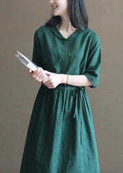 Fashion Solid Green Kordelzug Bubikragen Leinen Langes Kleid Halbarm