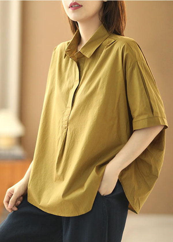 Fashion Solid Khaki Peter Pan Collar Patchwork Cotton Shirt Tops Short Sleeve