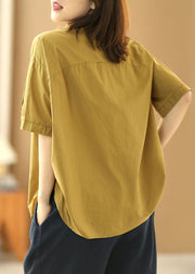 Fashion Solid Khaki Bubikragen Patchwork Baumwolle Shirt Tops Kurzarm