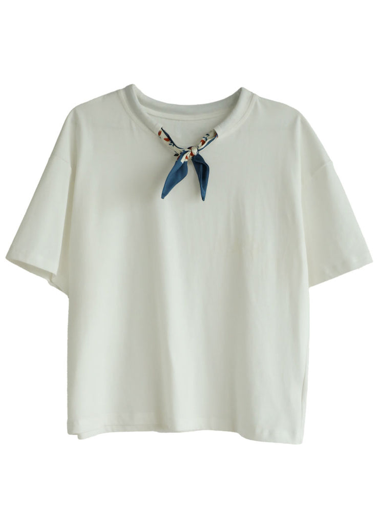 Fashion Solid White O-Neck Drawstring Bow Cotton Tank Short Sleeve