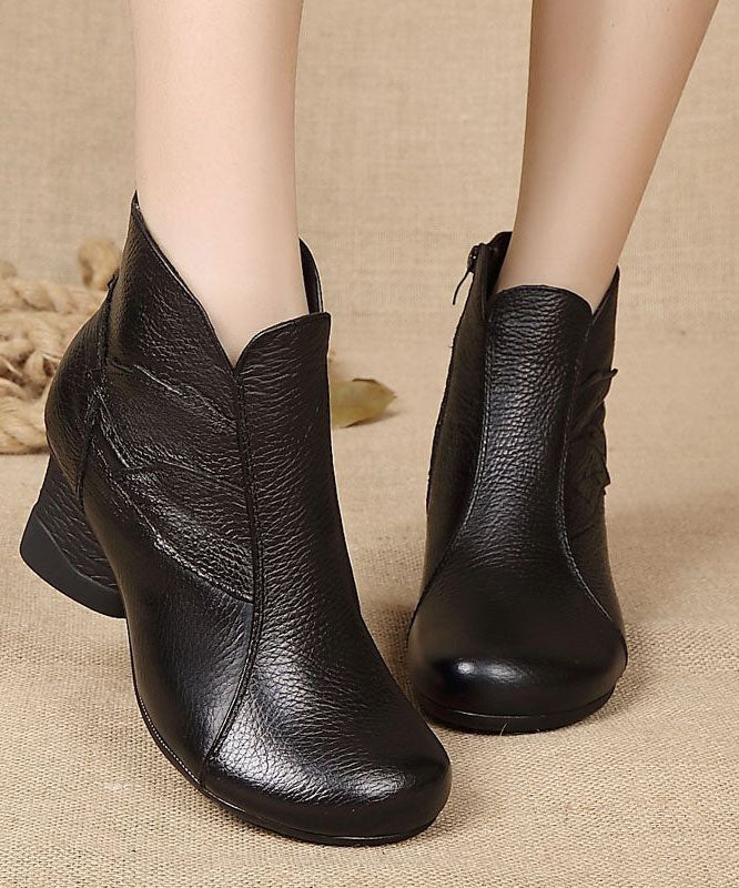 Fashion Splicing Chunky Boots Black Cowhide Leather