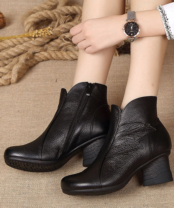 Fashion Splicing Chunky Boots Black Cowhide Leather