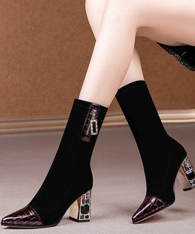 Fashion Splicing Chunky Boots Colorblock Pointed Toe