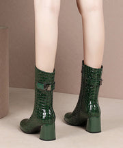 Fashion Splicing Chunky Boots Green Cowhide Leather Fuzzy Wool Lined