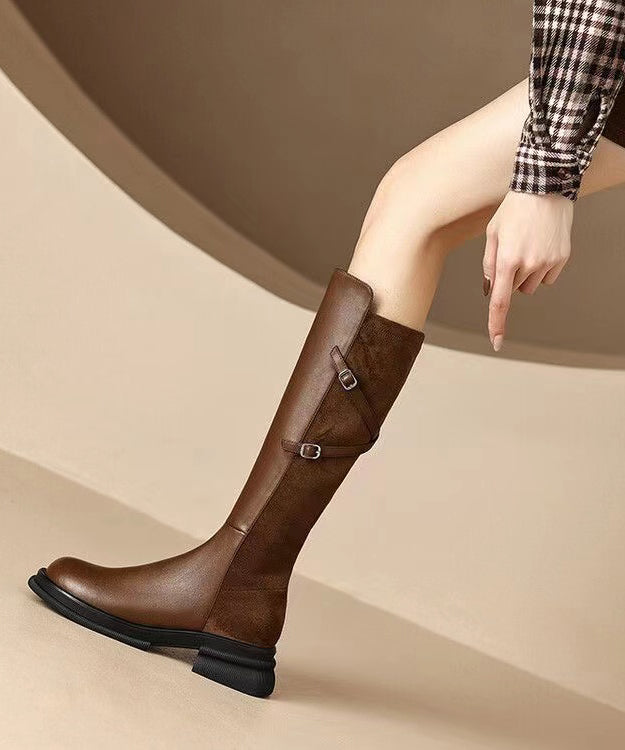 Fashion Splicing Chunky Long Boots Brown Cowhide Leather
