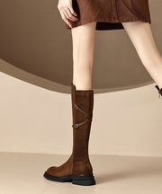 Fashion Splicing Chunky Long Boots Brown Cowhide Leather