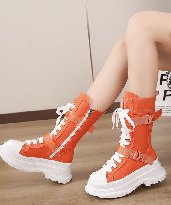 Fashion Splicing Lace Up Orange Canvas Motorcycle Platform Boots