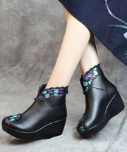 Fashion Splicing Wedge Boots Blue Floral Cowhide Leather