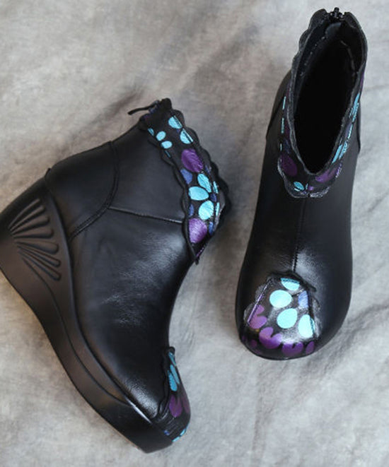 Fashion Splicing Wedge Boots Blue Floral Cowhide Leather