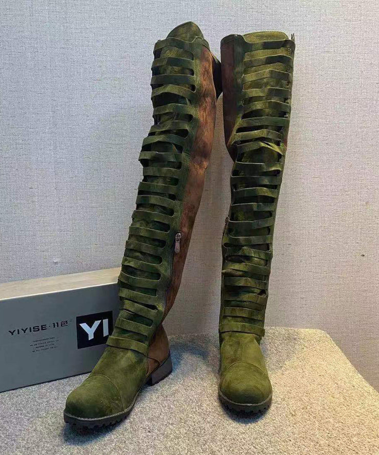 Fashion Splicing Zippered Chunky Knee Boots Green