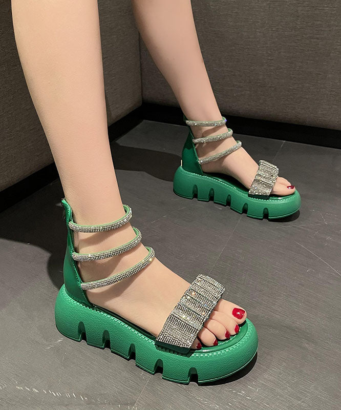 Fashion Splicing Zircon Platform Sandals Green Faux Leather