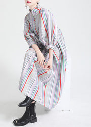 Fashion Stand Collar Multi Striped Puff Sleeve Cotton Party Dress