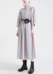 Fashion Stand Collar Multi Striped Puff Sleeve Cotton Party Dress