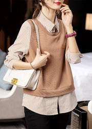 Fashion Striped Patchwork False Two Pieces Cotton Top Long Sleeve
