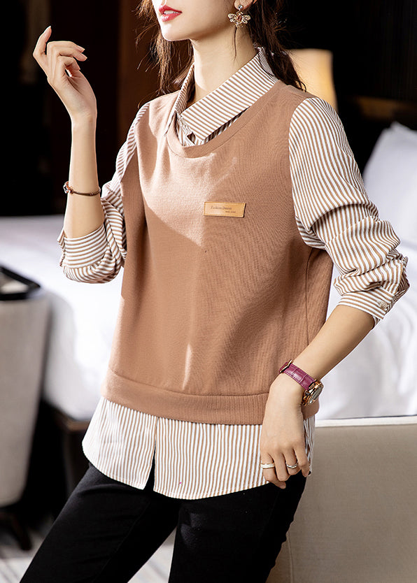 Fashion Striped Patchwork False Two Pieces Cotton Top Long Sleeve