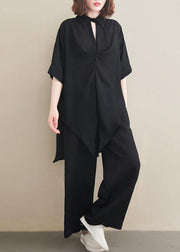 Fashion Suit Spring Loose Black Chiffon Shirt Quarter Wide Leg Pants - SooLinen