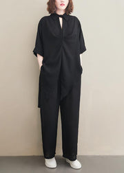 Fashion Suit Spring Loose Black Chiffon Shirt Quarter Wide Leg Pants - SooLinen
