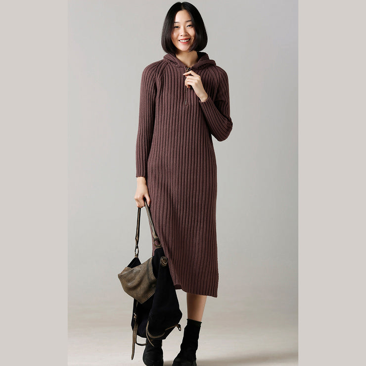Fashion Sweater Wetter Damen Kapuzen seitlich offen braunes Largo Strickkleid