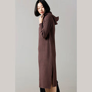Fashion Sweater weather Women hooded side open brown Largo knitted dress