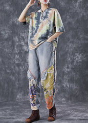 Fashion Tie Dye Patchwork Hooded Cotton Two Pieces Set Summer