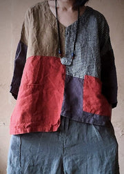Modische Taschen mit V-Ausschnitt, asymmetrische Patchwork-Taschen, Leinenoberteile, lange Ärmel