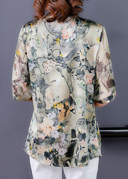 Fashion V Neck Print Button Silk Shirts Short Sleeve