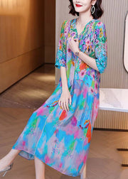 Fashion V Neck Print Silk Long Dresses Half Sleeve