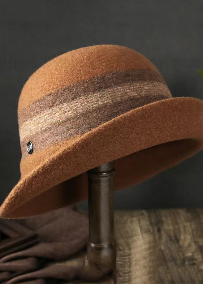 Fashion Versatile Caramel Striped Woolen Bucket Hat