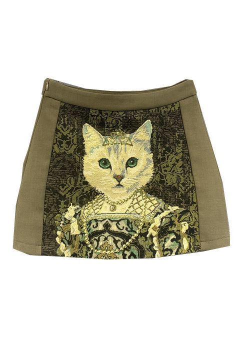 Fashion Versatile Coffee Animal Embroidered Cotton Skirts Autumn