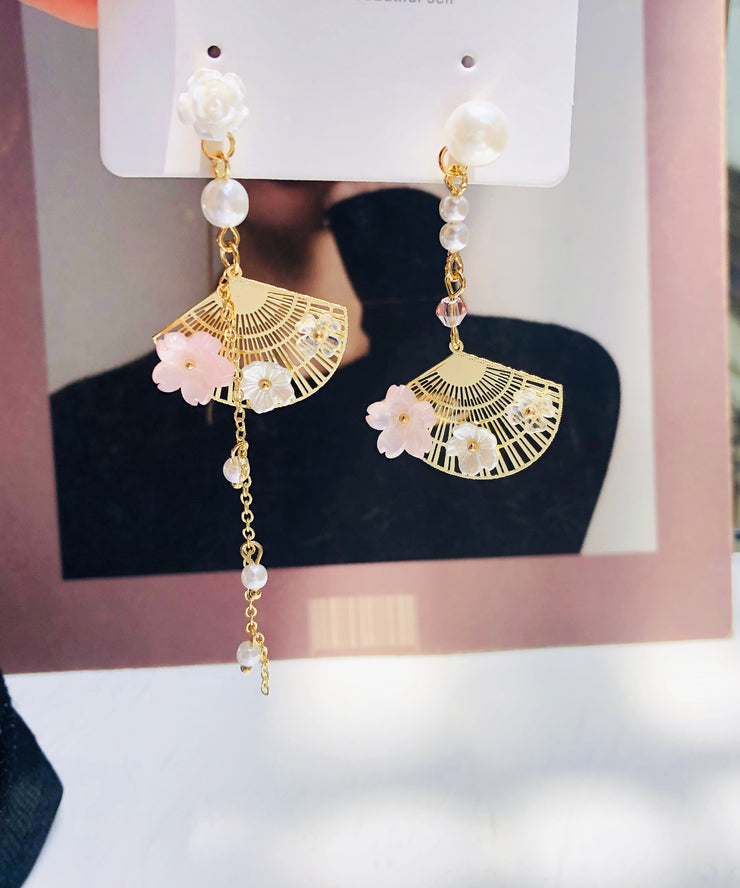 Fashion White Alloy Inlaid Crystal Pearl Asymmetricar Fan Shaped Drop Earrings