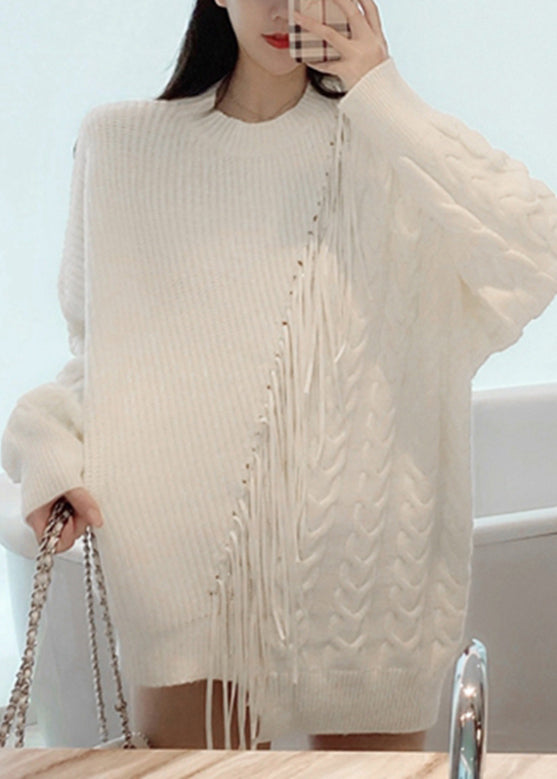 Fashion White Asymmetrical Patchwork Thick Cotton Knit Sweaters Spring
