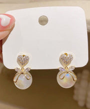 Fashion White Copper Overgild 14K Gold Pearl Zircon Bow Drop Earrings