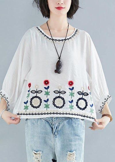 Fashion White Embroideried Batwing Sleeve Shirt Tops Summer Cotton Linen - SooLinen